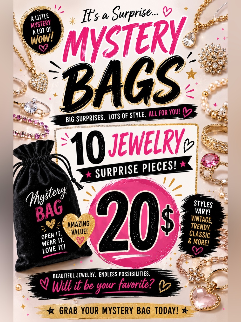 Mystery bags of 10 jewelry for 20$